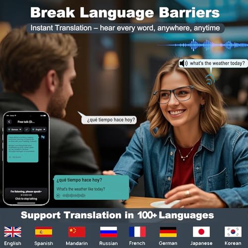 Uniiking® Ai Translation Smart Glasses with Bluetooth for Men Women with 100+ Language Color-Change Lens Clear Headphone with Speaker Sunglasses, Travel Meeting Trade Business, Black