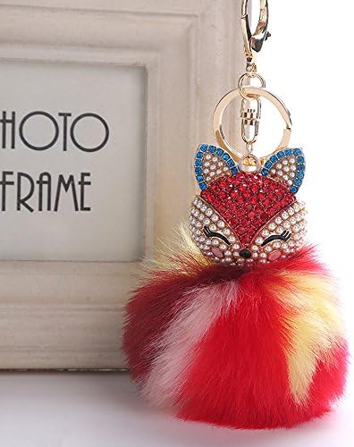 Gaddrt Cute Fox Fur Ball Doll Keychain Keyrings Inlay Pearl Rhinestone Charm Pendant Bag Car Women Key Ring Holder Pompoms Key Chain (F)