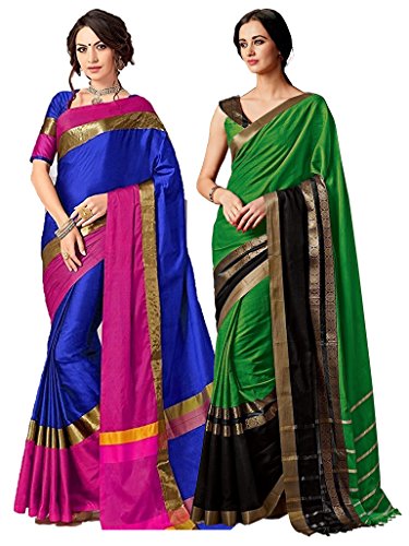 ELINA FASHION Pack of Two Sarees for Indian Women Cotton Art Silk Printed Weaving Border Saree (Multi 3)