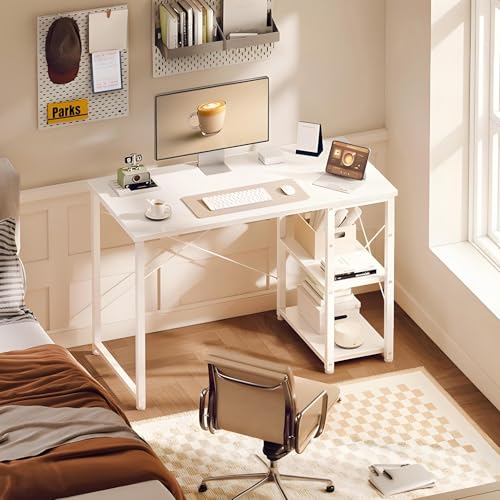 ODK Desk with Storage, 100 x 48 cm Computer Desk with Height-Adjustable and Reversible Shelf, Stable Computer Table for Telework Gaming Students, White