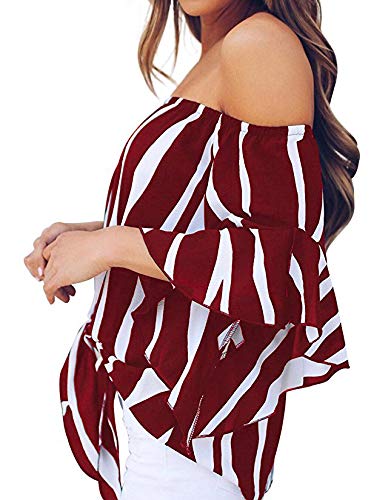 LuckyMore Womens Striped Off Shoulder Bell Sleeve Shirt Tie Knot Summer Blouses Tops (M, Wine Red)