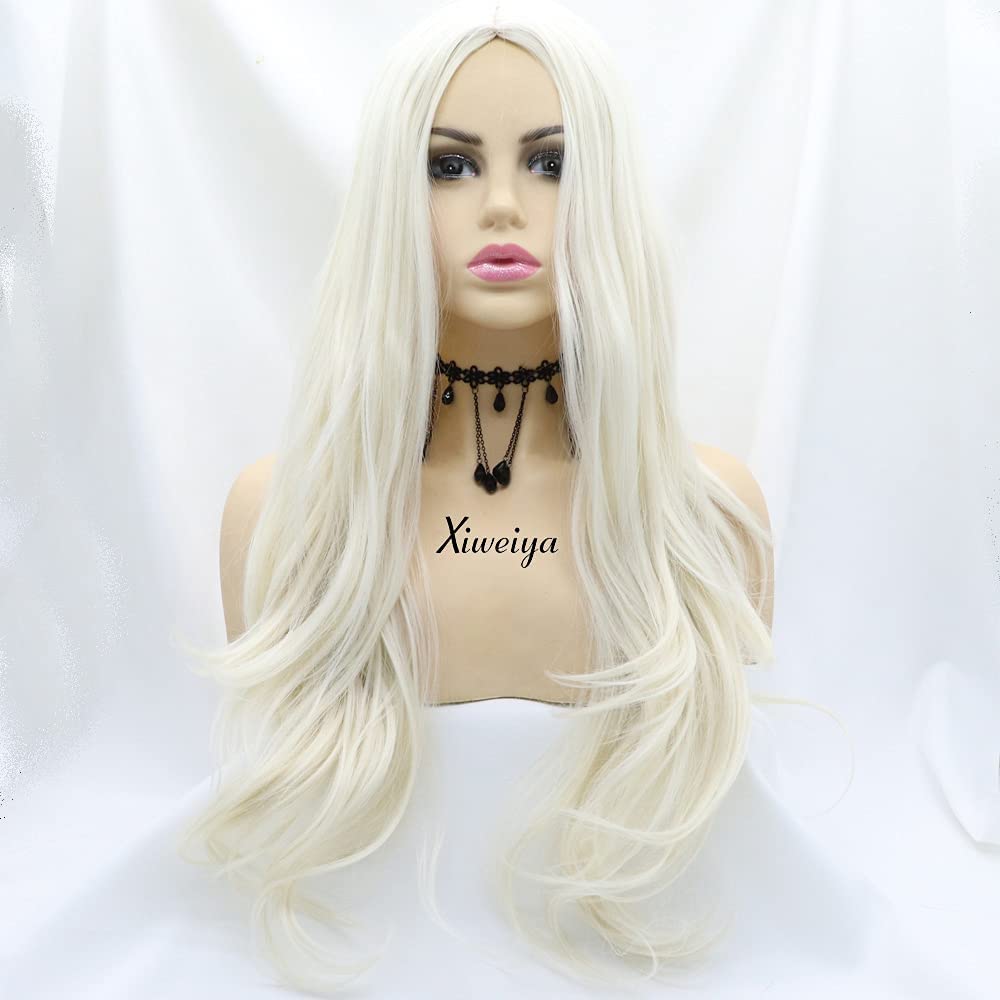 Xiweiya Wigs Long Straight Platinum White Synthetic Machine Made Wig Silky Full Heat Resistant Fiber Hair Middle Part Wig Free Wig Cap for Women 24 Inch for Family Makeup Party Cosplay