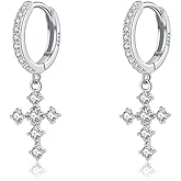 Reffeer Solid 925 Sterling Silver CZ Cross Hoop Earrings Dangle for Women Teen Girls Drop Huggie Earrings