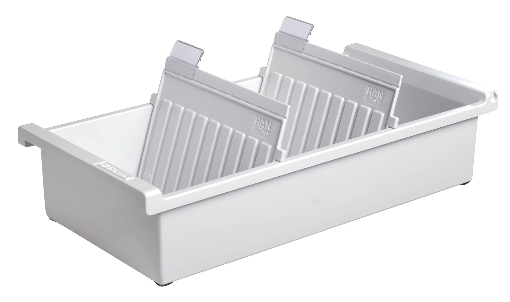 HAN 956-0-11, Card index tray A6 landscape. Innovative, attractive design holds 1,300 cards, supplied with 2 support plates with clear file clips, light-grey