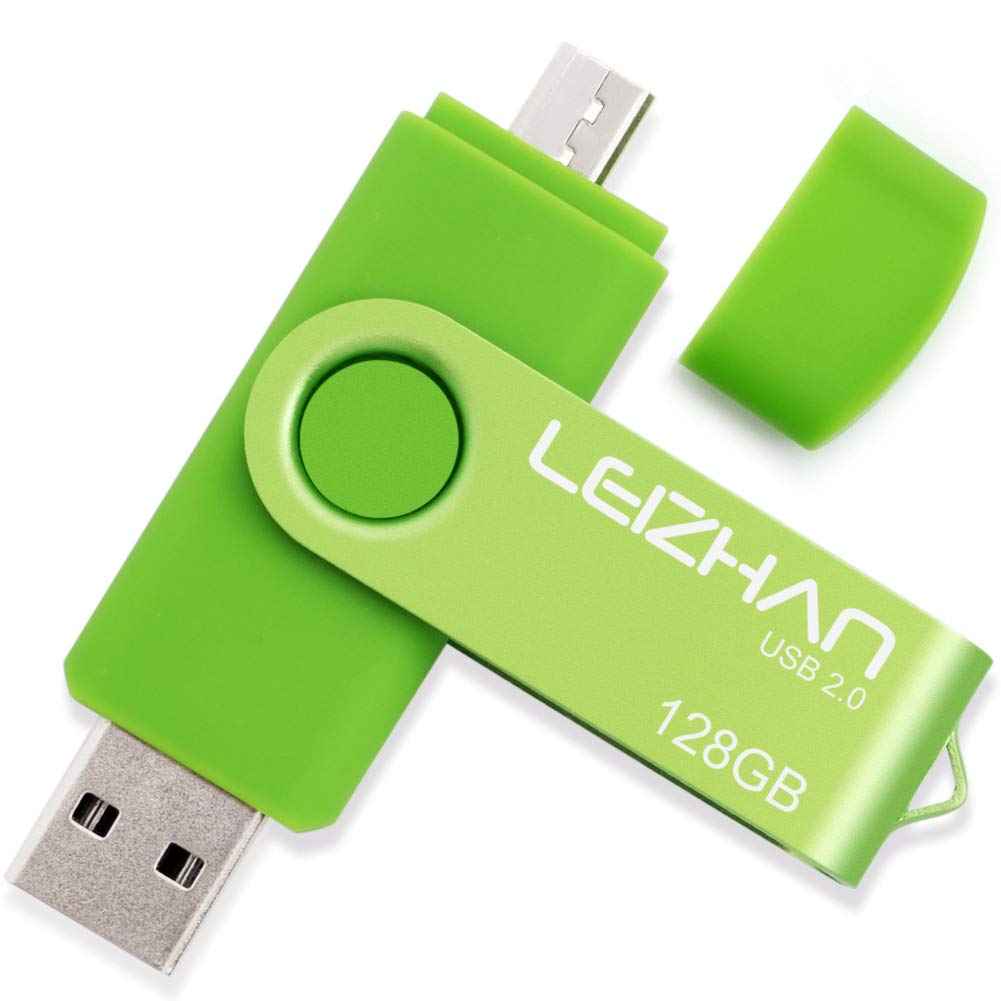 LEIZHAN 128GB Memory Stick USB Dual Port(USB 2.0 & Micro USB) Rotabable Pen Drive 2 in 1 USB flash Drive for Android Smartphones & Tablets & Laptops PC Green