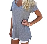 Abetteric Women's Fashion Casual Loose Off-Shoulder Solid Tees Top Light Grey L