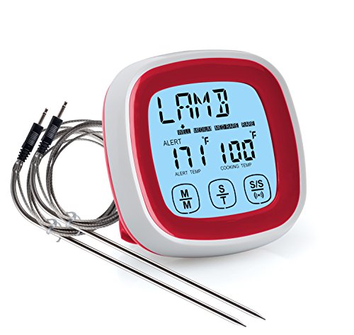 HOME CIRCLES Grill, Smoker, BBQ, Or Oven Touchscreen Meat Probe Thermometer - Best Accurate & Digital With 2 Stainless Steel Probes For Steak Pork Chicken... (Red)