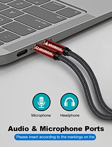 SOUNDFAM 3.5mm Headphone Splitter Cable for Desktop Laptop Standalone Mic and Audio Jack 3.5mm TRRS Female to 2 TRS Male(Microphone & Stereo Audio) Headset Adapter - 30cm/ 11.8 Inch.