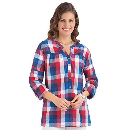 Collections Etc Women's Plaid Roll Tab Sleeve Buttoned Shirt, Red Multi, X-Large