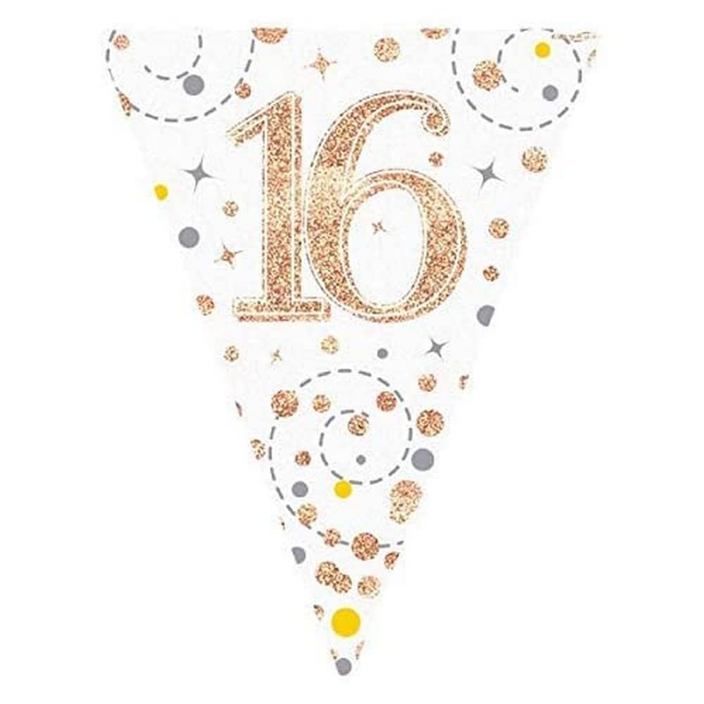 Party Bunting Sparkling Fizz 16 White & Rose Gold Holographic 11 flags 3.9m