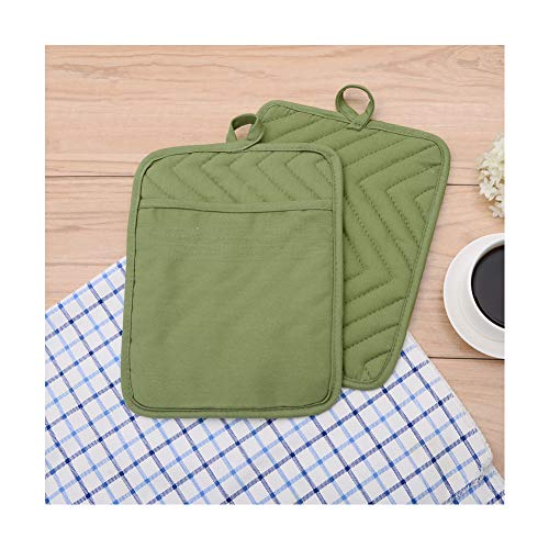 Anyi Oven Pot Holders with Pocket, 100% Cotton Oven Mitts Oven Pads with Feature of Heat Resistant Potholders Non Slip for Cooking Baking, Set of 3 (Green) - Thumbnail 5
