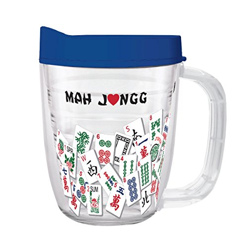 Tumbler Coffee Cup 12 oz - Mah Jongg Tile Design Tritan USA Drinkware (Blue Lid)