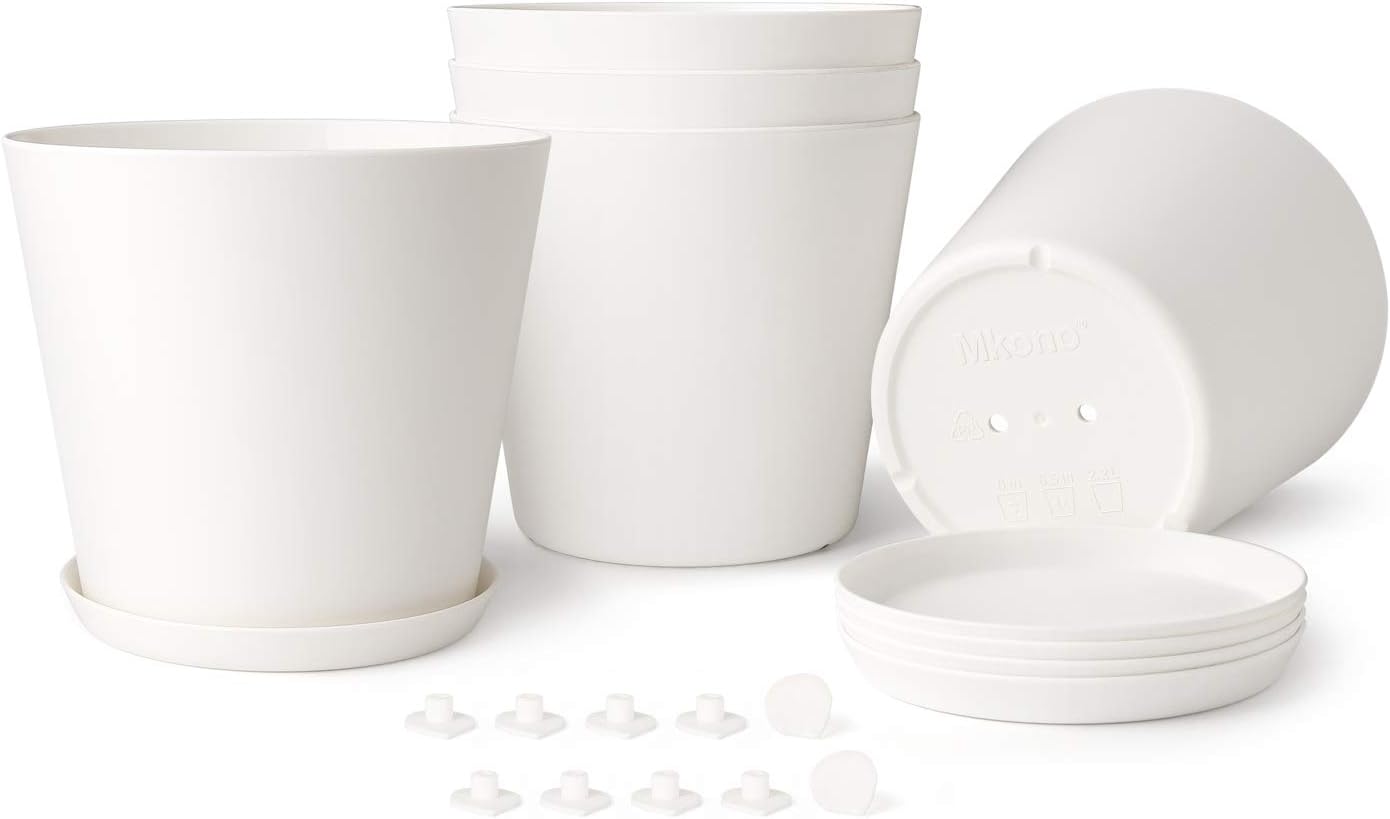 Mkono 6.5" Plastic Planters with Trays, Indoor Set of 5 Flower Plant Pots Modern Decorative Gardening Pot with Drainage Hole for All House Plants, Herbs, Foliage Plant, and Seed Nursery, Cream White: Garden & Outdoor
