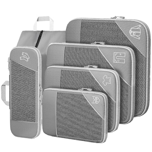 Grey Suitcase Organiser Set, 6-Piece Compression Packing Cubes, Suitcase Organiser, Travel Organiser, Compression Packing Cube Set for Suitcase, Backpack, Hand Luggage