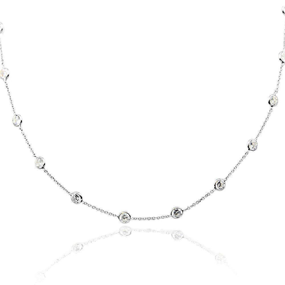14K White Gold Handmade Station Necklace With 4 MM Cubic Zirconia (15, 16, 17, 18