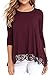 Women's Long Sleeve A-line Lace Stitching Trim Casual T Shirt Tops Wine S