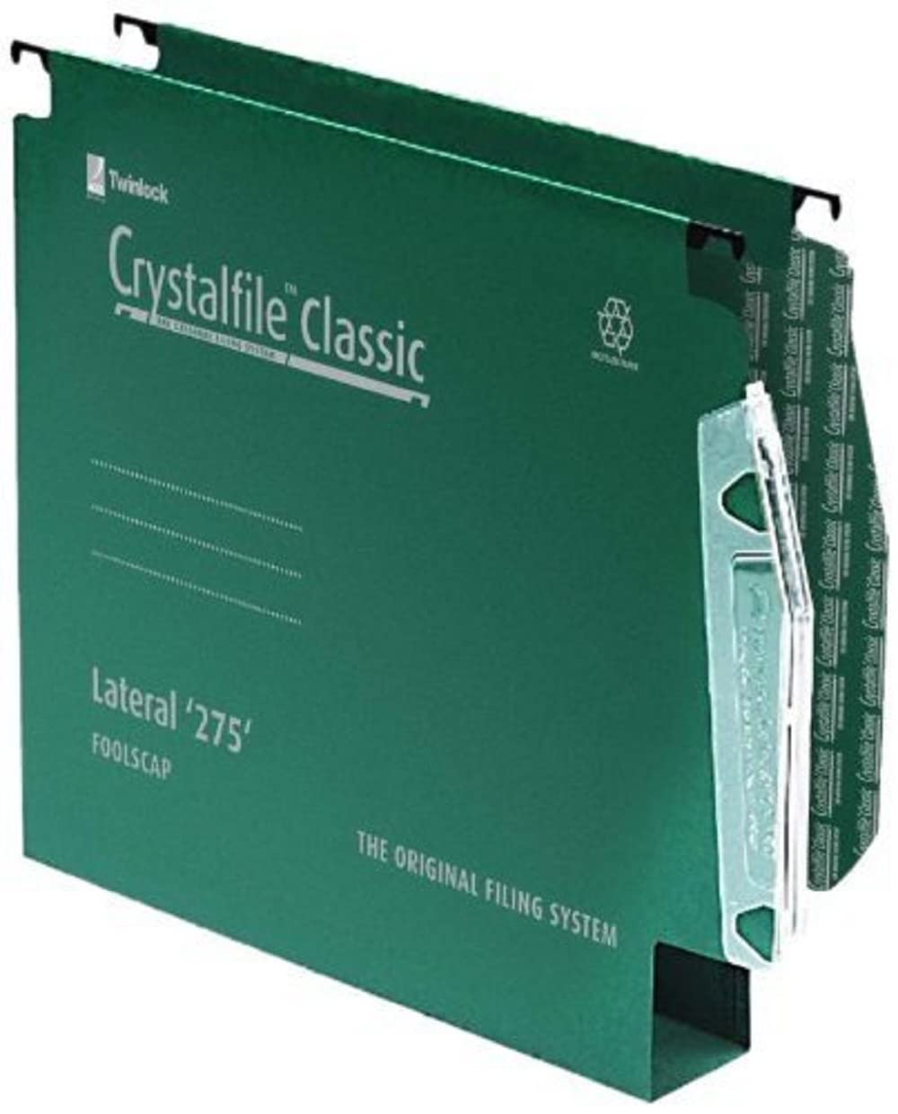 Rexel 275 Lateral Hanging Files with Tabs and Inserts, 30 mm base, 100 Percent Recycled Manilla, Green, Crystalfile Classic, Pack of 50, 78654