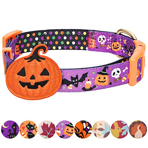 Blueberry Pet 2019 New 8 Patterns Halloween Pumpkin Party Designer Adjustable Dog Collar with Detachable Decoration, Large, Neck 18″-26″