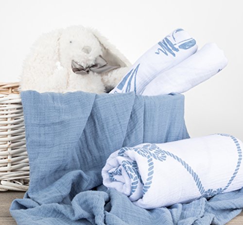 Cotton Muslin Swaddle Blanket 3 Pack 47" x 47" - Dusty Blue Nautical Print - Thumbnail 5