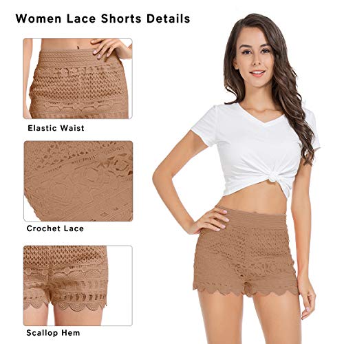 JTANIB Shorts for Women, Fitted Scallop Hem Crochet Casual Solid Floral Lace Shorts Khaki - Thumbnail 4