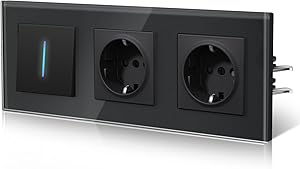 BSEED Lichtschalter mit Steckdose aus Glas, Unterputz Schalter Hintergrundlicht mit Krallen, Wechselschlter NEU E-Serie,1 Fach 1 Weg,Schwarz 228mm