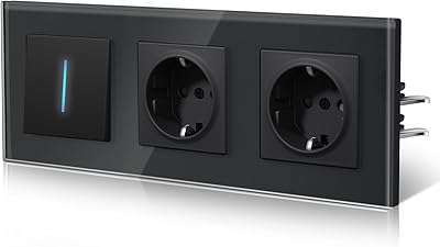 BSEED Lichtschalter mit Steckdose aus Glas, Unterputz Schalter Hintergrundlicht mit Krallen, Wechselschlter NEU E-Serie,1 Fach 1 Weg,Schwarz 228mm