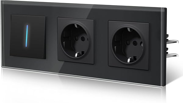 BSEED Lichtschalter mit Steckdose aus Glas, Unterputz Schalter Hintergrundlicht mit Krallen, Wechselschlter NEU E-Serie,1 Fach 1 Weg,Schwarz 228mm