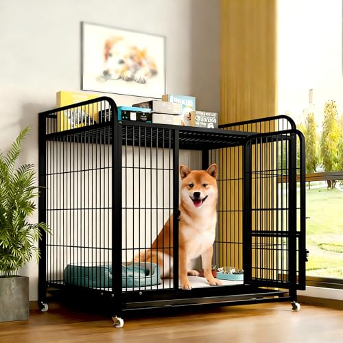 Beauenty Dog Cage, Heavy Duty 95cm Dog Crate, Dog Kennel for Small/Medium/Large Dogs, with Removable Tray, Double Doors with Locks Design with 4 Wheels and Reinforced Baseplate (Black)