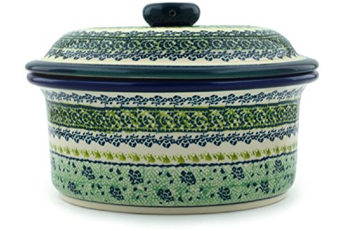 Click Here to See More Images Polish Pottery Baker with Lid Green Meadow Pattern