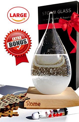 NioChef Large Storm Glass Weather Predictor - Storm Glass Weather Forecast: Desk Decorations Barometer Glass Decor Weather Predicting on Wood Stand Predicts Sun, Clouds, Rain and Snow, Gift Boxed