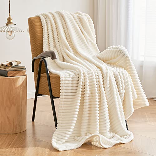 Photo 1 of MIULEE Fleece Throw Blanket with Stripe Pattern for Couch Super Soft Fuzzy Flannel Cream White Blanket Plush Warm Cozy Bed Blanket for Sofa Chair Twin Size 60"x80"