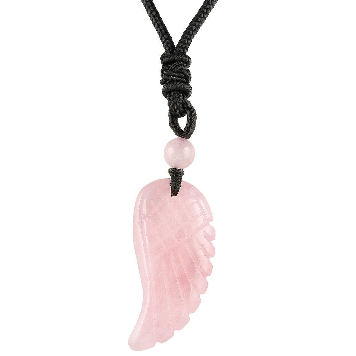 KYEYGWO Hand Carved Rose Quartz Angel Wing Healing Reiki Gemstone Pendant Necklace for Unisex with Adjustable Cord 26"