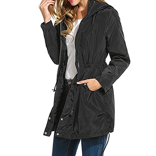 Wonvatu Womens Rain Jacket Waterproof with Hood Lightweight Rain Trench Coat Long Sleeve Black Windb