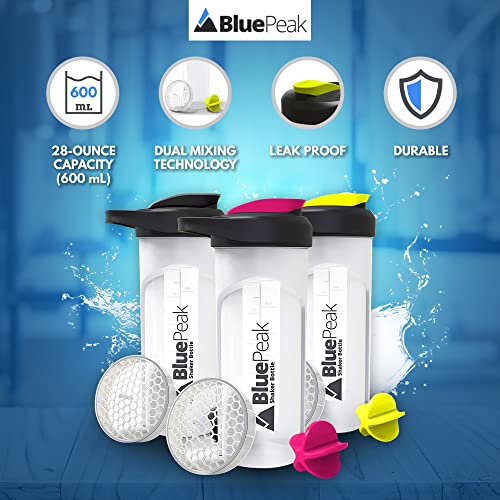 BluePeak Protein Shaker Bottle 28 oz with Dual Mixing Technology