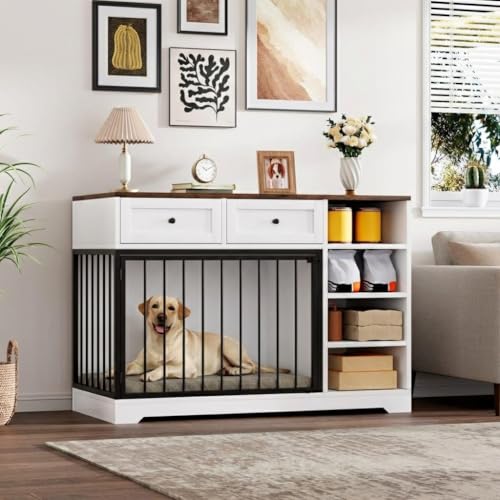 PeacefulHues 47" Dog Crate Furniture with Drawers & Shelves, Wooden Dog Kennel…
