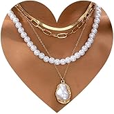 4-in-1 Layered Pearl Necklace Set, Gold Chain Link and Herringbone Chain, Pearl Pendant, 16-20 Inches Adjustable