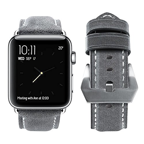 Apple Watch Band, top4cus Genuine Leather iwatch Strap Replacement Band with Stainless Metal Clasp for Apple Watch Series 3 Series 2 Series 1 Sport and Edition (Unique buckle - Gray, 42mm)