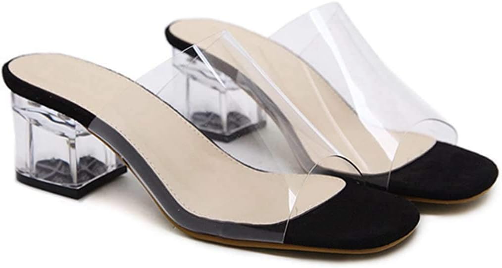 GIY Womens Low Block Heel Slide Sandals Lucite Clear Anti-Slip Slip On Chunky Heels Sandal