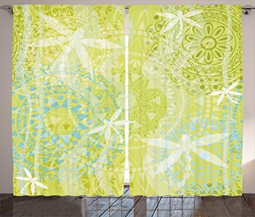 Ambesonne Dragonfly Curtains, Dragonfly Silhouettes Over Round Mandala Circles Oriental Inspired Print, Living Room Bedroom Window Drapes 2 Panel Set, 108" X 84", Avocado Green
