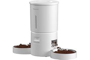 MIAOSICAL Dual Automatic Cat Feeder 2 Cats,6 Meals/Day,12 Portions/Meal,4.2L Dual Power Double Bowls Feeder,Dry Food Auto Pet Dispenser,10S Voice Record,Flexible Schedule Timer(White,Stainless Dual Bowls)