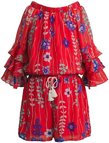 Truly Me Big Girls Embroidered Print Solid Crinkle One Piece Romper with Long Sleeve and Lining