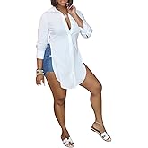 qfmqkpi Women Sexy V Neck Shirts Side Slit Print Long Sleeve Button Down Blouse Tops