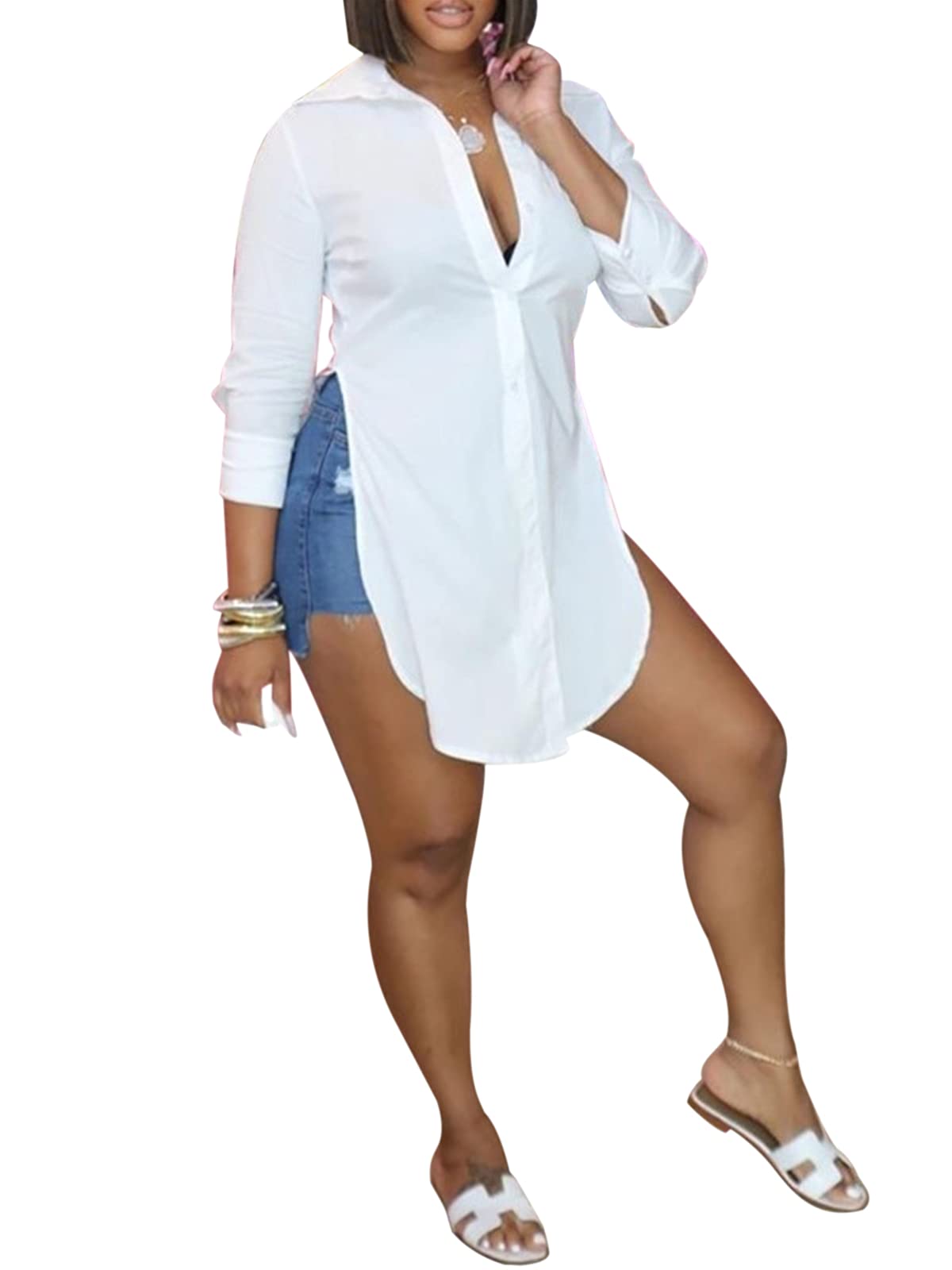 Photo 1 of Women High Low Blouses Elegant Long Sleeve Button Front Collared Shirts Top and Side Split Blouse All White XXL