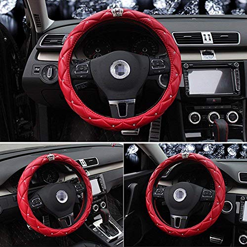 Cdycam Non-slip Universal PU Leather Car Steering Wheel Cover with Crystal Crown Diamond,Durable, Soft, 15 inch Size (Red)