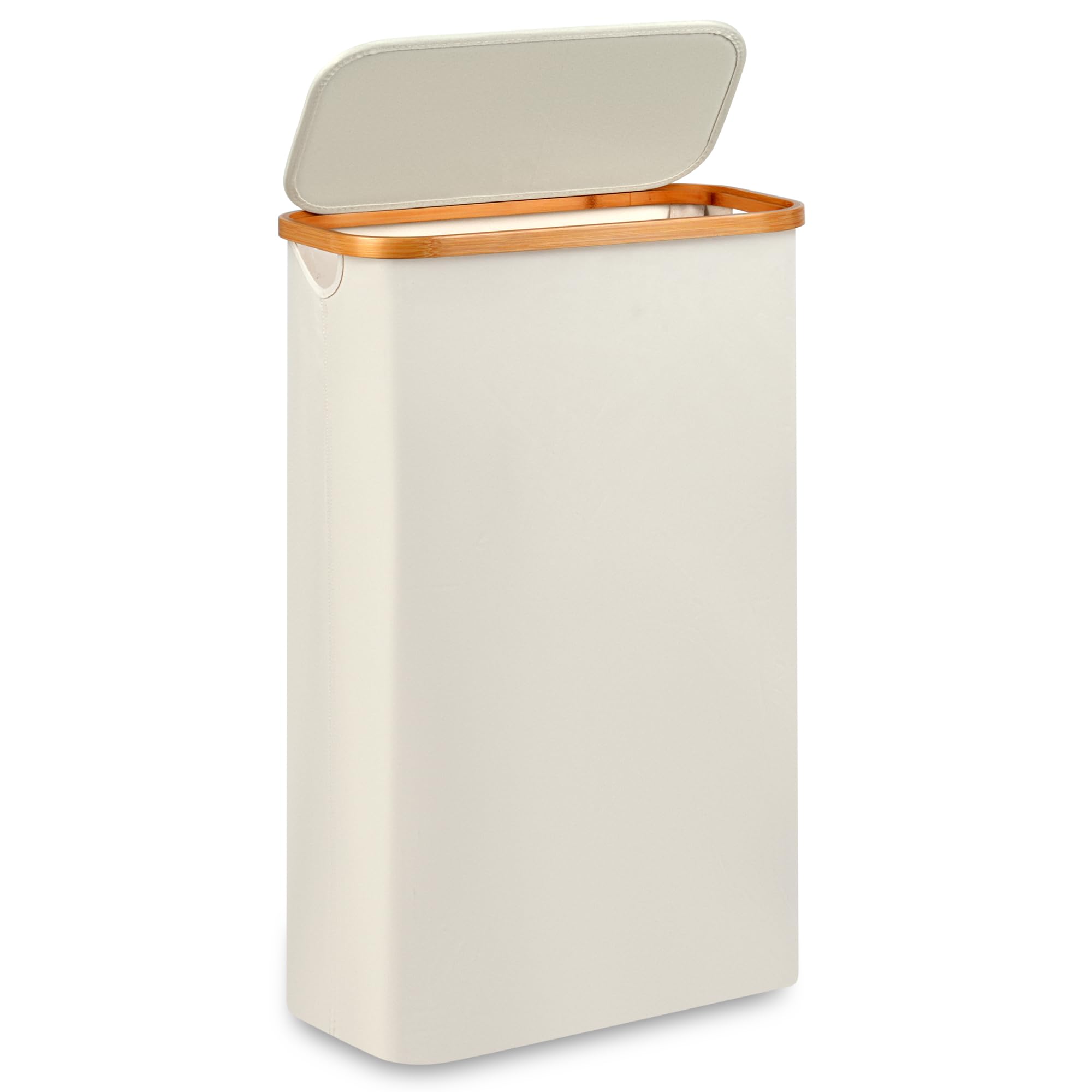 Photo 1 of Merkisa Slim Laundry Basket,Tall laundry Hamper with Lid,60L Hamper for Laundry,Dirty Cloth Hamper with Bamboo Handle for Toys,Towels, Clothes Organizing,Beige