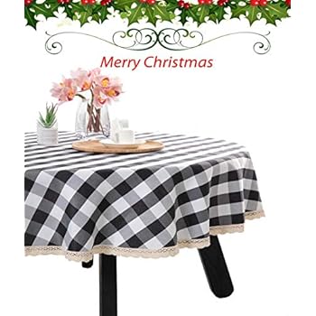 Nobildonna 70Inch Gingham Checkered Tablecloth, Black & White Checker, Round Lace Polyester Tablecloth