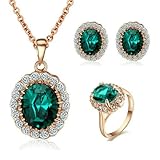 [Jewelry Sets] Yoursfs Green Crystal Necklace & Earrings & Rings Set 18K Rose Gold Plated Wedding Sets Cocktail CZ Pendant & Studs Set Mother's Day Gift