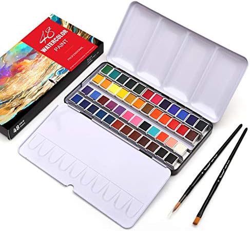 Dainayw 水彩絵の具セット 半パン48色 ブリキ箱入り ペイントブラシ2本と水彩
