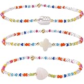 Opalencian Clover Candy Beads Stackable Bracelet for Women,Dainty 3PCS/set Gold bead Stretch Boho Charm Accessories Jewelry Gifts