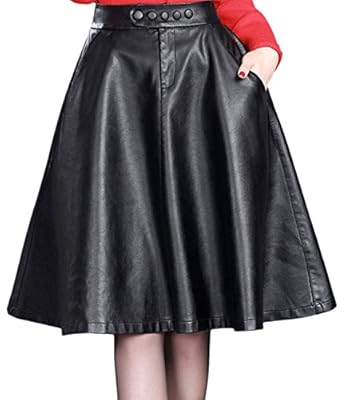 chouyatou Women's Elastic Waist Front-Button A Line Flared Pu Leather Midi Skirts